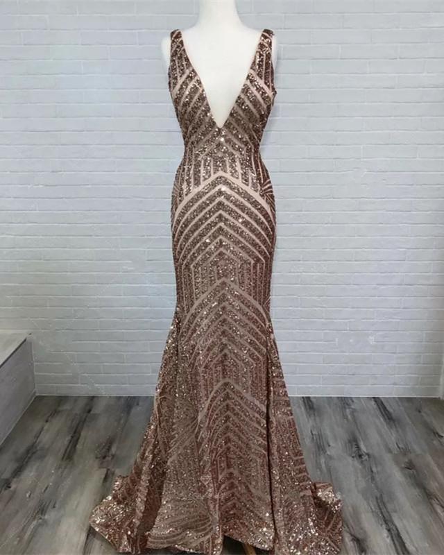 Stripe-Sequins V-neck-Ruffles-Mermaid-Prom-Dresses-2019