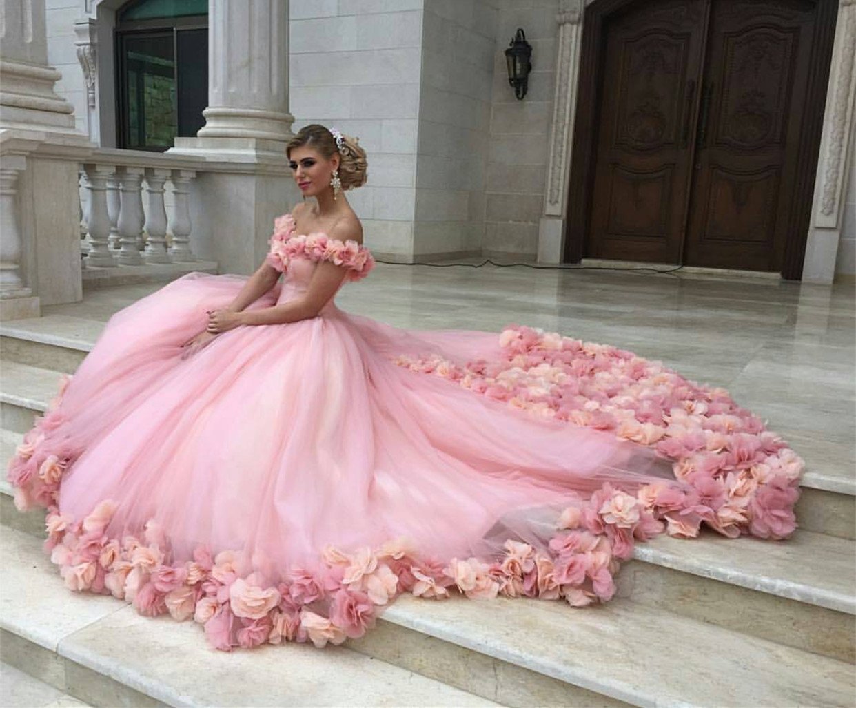 pink tulle flower ball gowns wedding dress off the shoulder