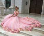 Load image into Gallery viewer, pink tulle flower ball gowns wedding dress off the shoulder
