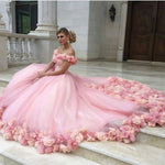 Load image into Gallery viewer, pink tulle flower ball gowns wedding dress off the shoulder
