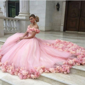 pink tulle flower ball gowns wedding dress off the shoulder