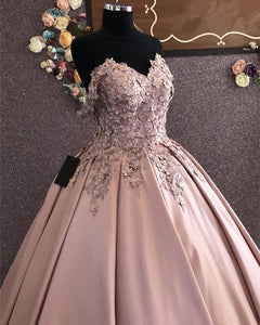3D Lace Flowers Embroidery Sweetheart Satin Ballgown