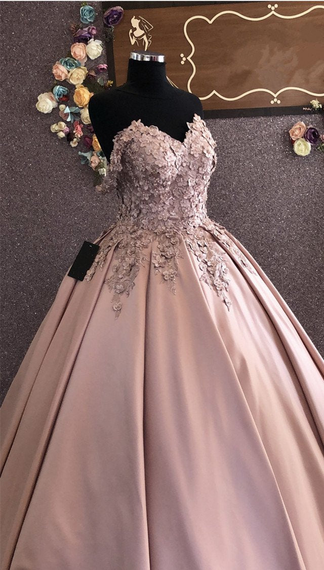 3D Lace Flowers Embroidery Sweetheart Satin Ballgown