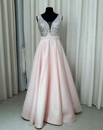 Load image into Gallery viewer, Sequins V-neck Floor Length Satin Prom Dresses
