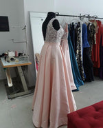 Load image into Gallery viewer, Sequins V-neck Floor Length Satin Prom Dresses
