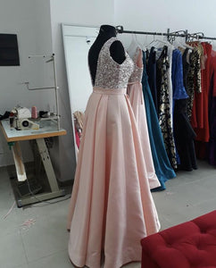 Sequins V-neck Floor Length Satin Prom Dresses