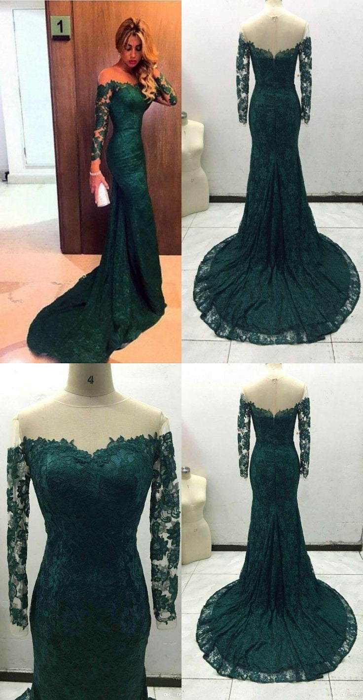 Sheer Neckline Long Sleeves Lace Prom Dresses Mermaid Evening Gowns