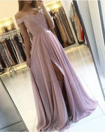 Load image into Gallery viewer, Lace Appliques Off Shoulder Long Chiffon Bridesmaid Dresses
