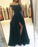Load image into Gallery viewer, Lace Appliques Off Shoulder Long Chiffon Bridesmaid Dresses
