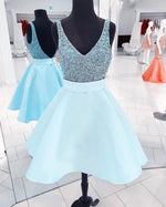 Load image into Gallery viewer, Sparkle Sequin Beaded V Neck Satin Homecoming Dresses Short Prom Gowns

