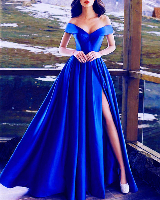 Sexy V-neck Off The Shoulder Long Satin Prom Dresses Split Evening Gowns