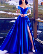 Load image into Gallery viewer, Sexy V-neck Off The Shoulder Long Satin Prom Dresses Split Evening Gowns
