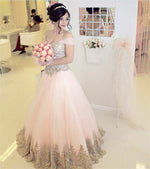 Load image into Gallery viewer, Off-the-shoulder Pink Tulle Quinceanera Dresses Gold Lace Appliques
