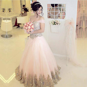 Off-the-shoulder Pink Tulle Quinceanera Dresses Gold Lace Appliques