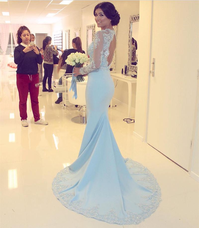 Elegant Lace Long Sleeves Open Back Mermaid Evening Dresses 2018