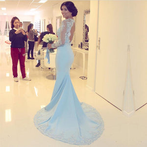 Elegant Lace Long Sleeves Open Back Mermaid Evening Dresses 2018