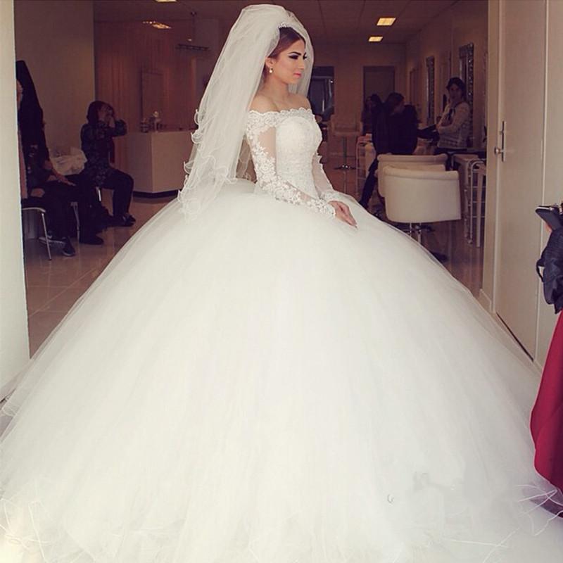 Off-the-shoulder Lace Long Sleeves Organza Wedding Dresses Ball Gowns