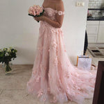 Load image into Gallery viewer, Chic Lace Flower Off The Shoulder Tulle Long Prom Dresses 2018

