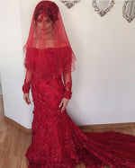 Load image into Gallery viewer, Off The Shoulder Long Sleeves Burgundy Lace Mermaid Wedding Dresses
