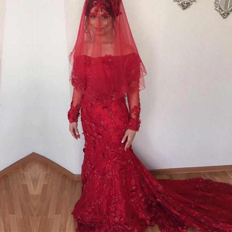 Off The Shoulder Long Sleeves Burgundy Lace Mermaid Wedding Dresses