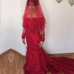 Load image into Gallery viewer, Off The Shoulder Long Sleeves Burgundy Lace Mermaid Wedding Dresses
