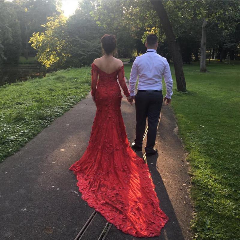 Off The Shoulder Long Sleeves Burgundy Lace Mermaid Wedding Dresses