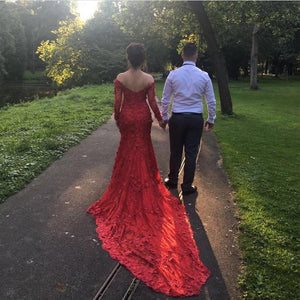 Off The Shoulder Long Sleeves Burgundy Lace Mermaid Wedding Dresses