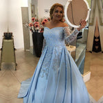Load image into Gallery viewer, V Neck Off Shoulder Light Blue Satin Ball Gowns Evening Dress For Engagement Party

