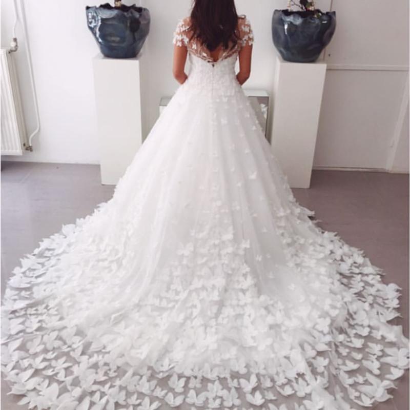 A-line Sweep Train Butterfly Wedding Dresses Lace Cap Sleeves