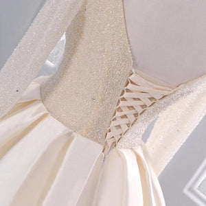 Sequins Beaded V Neck Champagne Wedding Dresses Ball Gowns With Sleeves