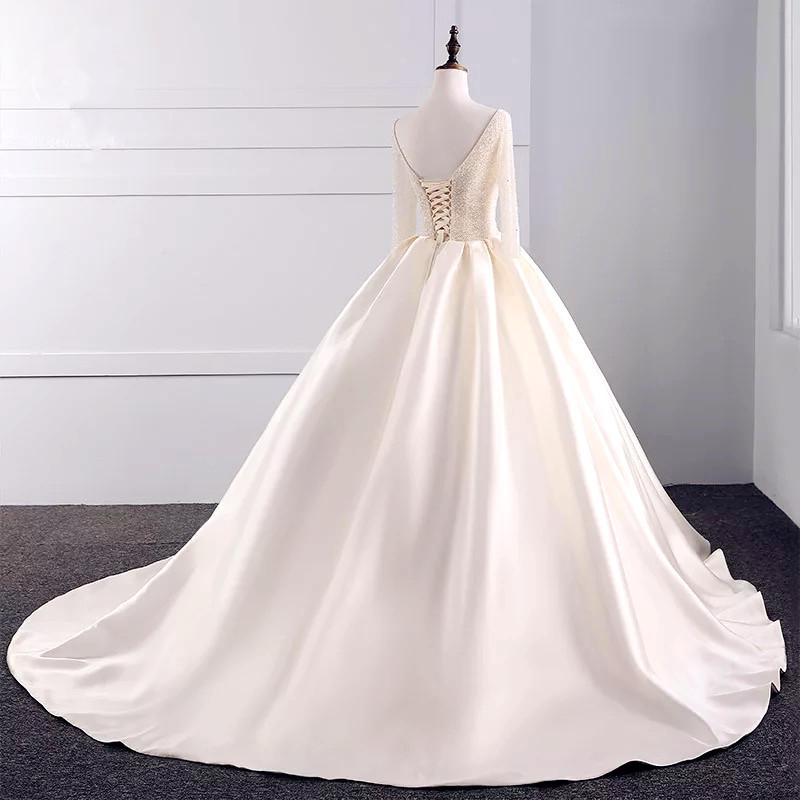 Sequins Beaded V Neck Champagne Wedding Dresses Ball Gowns With Sleeves