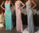 Cargar imagen en el visor de la galería, unique Golden Stripe Beading V Neck Long Mermaid Prom Evening Dresses
