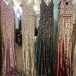 Load image into Gallery viewer, unique Golden Stripe Beading V Neck Long Mermaid Prom Evening Dresses
