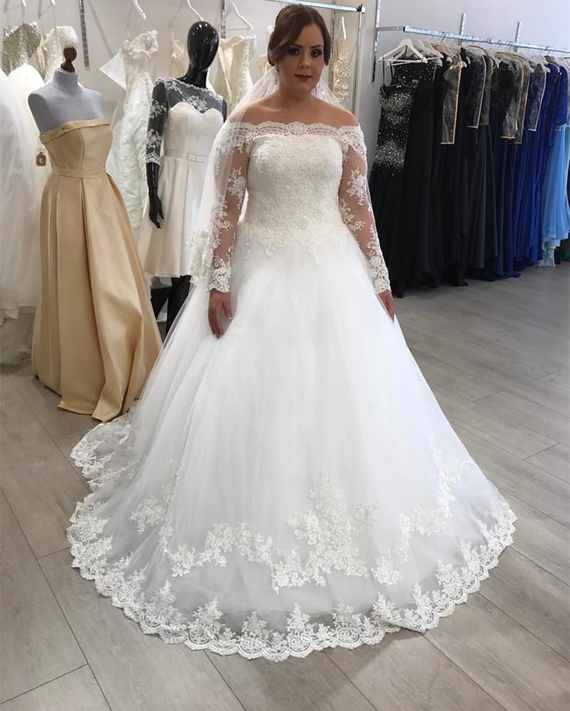 A-line Off The Shoulder Long Sleeves Lace Wedding Dresses Plus Size