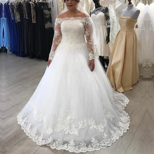 A-line Off The Shoulder Long Sleeves Lace Wedding Dresses Plus Size