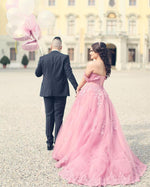 Load image into Gallery viewer, Charming Lace Appliques Prom Dresses Long Tulle Off The Shoulder Evening Gowns
