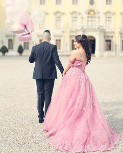 Charming Lace Appliques Prom Dresses Long Tulle Off The Shoulder Evening Gowns