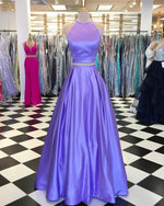 Load image into Gallery viewer, Halter Neck Floor Length Two Piece Prom Dresses With Pocket
