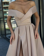 Load image into Gallery viewer, Sexy Split Long Satin Off-The-Shoulder Prom Evening Dresses
