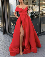 Load image into Gallery viewer, Long-Red-Prom-Dresses-Off-Shoulder-Satin-Evening-Gowns
