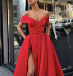 Load image into Gallery viewer, Sexy-V-neck-Off-Shoulder-Prom-Long-Dresses-Satin-Evening-Gowns
