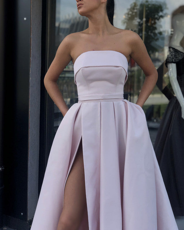 Strapless Bodice Corset Satin Floor Length Prom Evening Dress With Slit