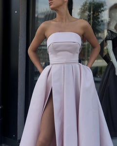 Strapless Bodice Corset Satin Floor Length Prom Evening Dress With Slit