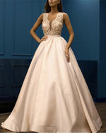 Cargar imagen en el visor de la galería, Pale-Pink-Prom-Dresses-Long-Satin-Lace-Embroidey-Evening-Gowns
