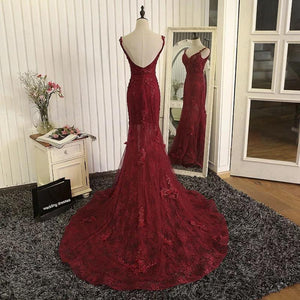 Gorgeous V- Neck Open Back Lace Evening Dresses Mermaid Prom Gowns 2018