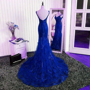Gorgeous V- Neck Open Back Lace Evening Dresses Mermaid Prom Gowns 2018