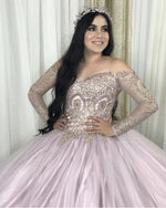 Load image into Gallery viewer, Gold Lace Appliques Long Sleeves Quinceanera Dresses Ball Gowns
