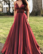 Afbeelding in Gallery-weergave laden, Burgundy-Prom-Long-Dresses-2019-V-neck-Satin-Evening-Gowns
