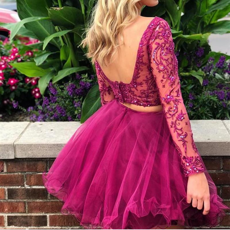 Lace Embroidery Tulle Long Sleeves Homecoming Dresses Two Piece