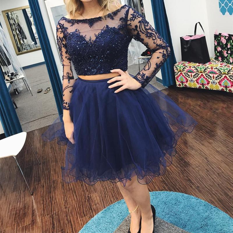 Lace Embroidery Tulle Long Sleeves Homecoming Dresses Two Piece